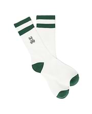 Mens Pal Sport Sock, white knit with two green cuff stripes, green heel and toe, featuring a small embroidered Psycho Bunny skull logo on the outer ankle.