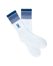 MENS GRADIENT SPORT SOCK, white knit socks featuring a ribbed cuff with varying shades of blue gradient stripes and a prominent embroidered blue Psycho Bunny skull logo on the ankle.
