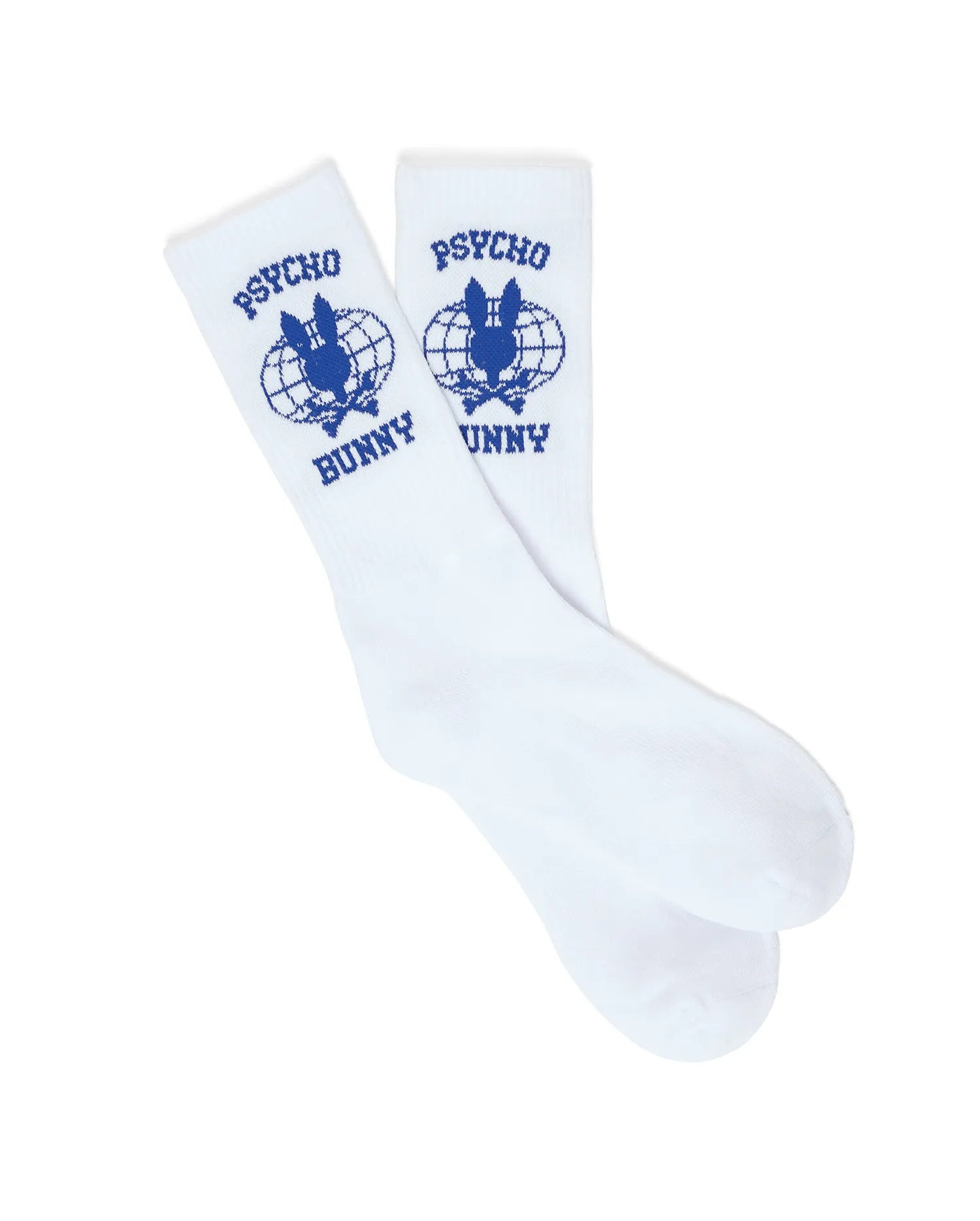 White Mens Mike Sport Sock, crew length, featuring a prominent blue knitted Psycho Bunny logo with a bunny skull over a globe and Psycho Bunny text on the ankle.