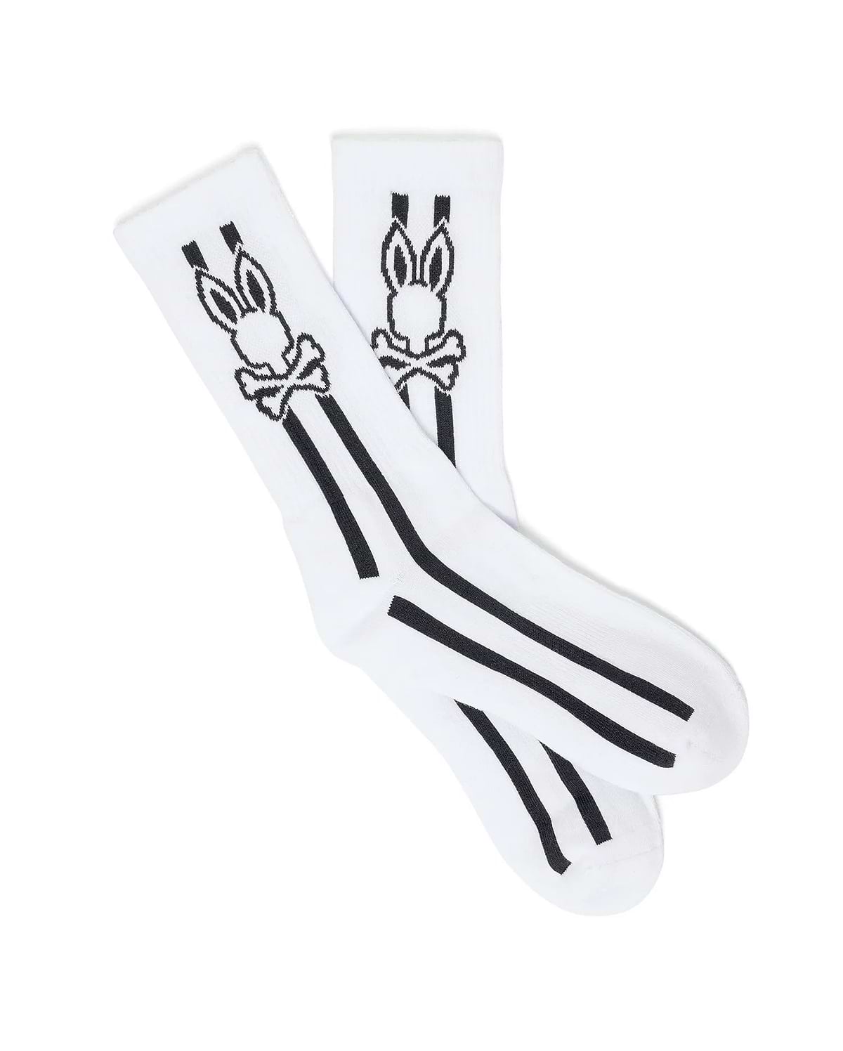 White Mens Ty Sport Sock featuring the iconic black Psycho Bunny skull and crossbones logo prominently on the upper cuff, with three bold black vertical stripes below.