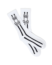 White Mens Ty Sport Sock featuring the iconic black Psycho Bunny skull and crossbones logo prominently on the upper cuff, with three bold black vertical stripes below.
