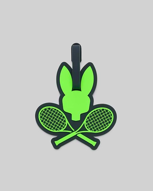 The Psycho Bunny MENS RACKET BUNNY LUGGAGE TAG (MO2400003) features a green bunny head above crossed tennis rackets on a gray background, adding a sporty touch to your luggage. (1)