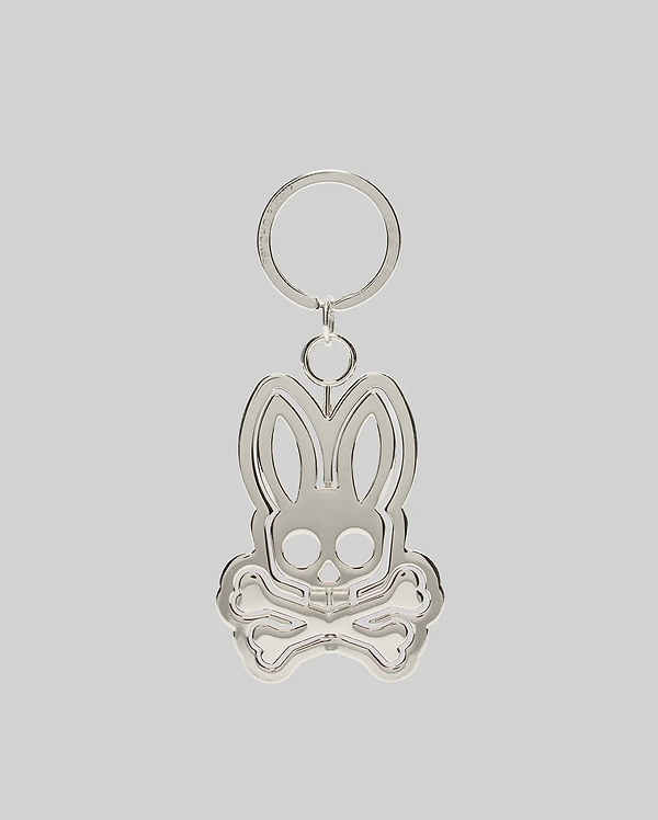 Silver metallic Spinning Bunny Keychain featuring the iconic Psycho Bunny skull and crossbones logo design with a hollowed-out center, attached to a classic key ring.
