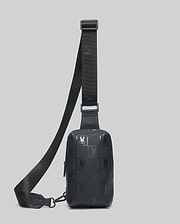 Black Mens Rubberized Crossbody with an all-over embossed checkerboard pattern featuring the iconic Psycho Bunny skull logo and an adjustable strap.
