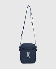 Classic Bunny Messenger Bag in navy, featuring a prominent white and pink Psycho Bunny skull logo on the front, made from smooth, durable fabric.