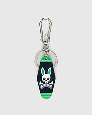 Mens Motel Keychain featuring a dark navy fob with bright green stripes and a prominent white Psycho Bunny skull logo with green ears, attached to a silver carabiner clip and key ring.