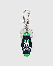 Mens Motel Keychain featuring a dark navy fob with bright green stripes and a prominent white Psycho Bunny skull logo with green ears, attached to a silver carabiner clip and key ring.