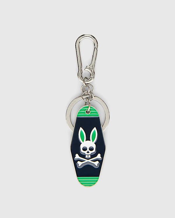 Mens Motel Keychain featuring a dark navy fob with bright green stripes and a prominent white Psycho Bunny skull logo with green ears, attached to a silver carabiner clip and key ring.