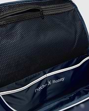 Classic Bunny Gym Bag interior featuring a navy blue lining, black mesh zippered pocket, white piping, and a prominent white Psycho Bunny skull logo print.