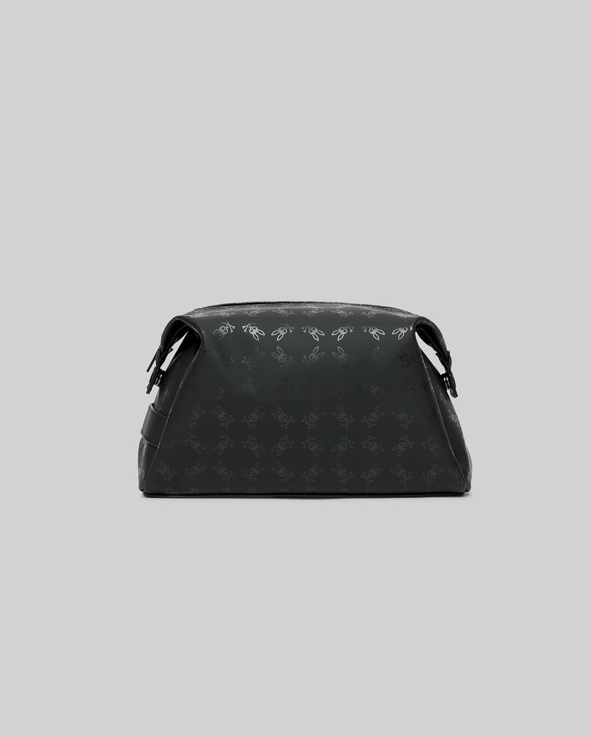 Mens All Over Bunny Toiletry Kit in black, featuring a subtle tonal all-over Psycho Bunny skull logo pattern on a smooth, durable fabric, with a zippered top closure.