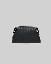 Mens All Over Bunny Toiletry Kit in black, featuring a subtle tonal all-over Psycho Bunny skull logo pattern on a smooth, durable fabric, with a zippered top closure.