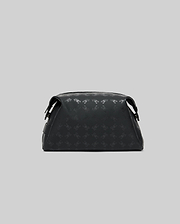 Mens All Over Bunny Toiletry Kit in black, featuring a subtle tonal all-over Psycho Bunny skull logo pattern on a smooth, durable fabric, with a zippered top closure.
