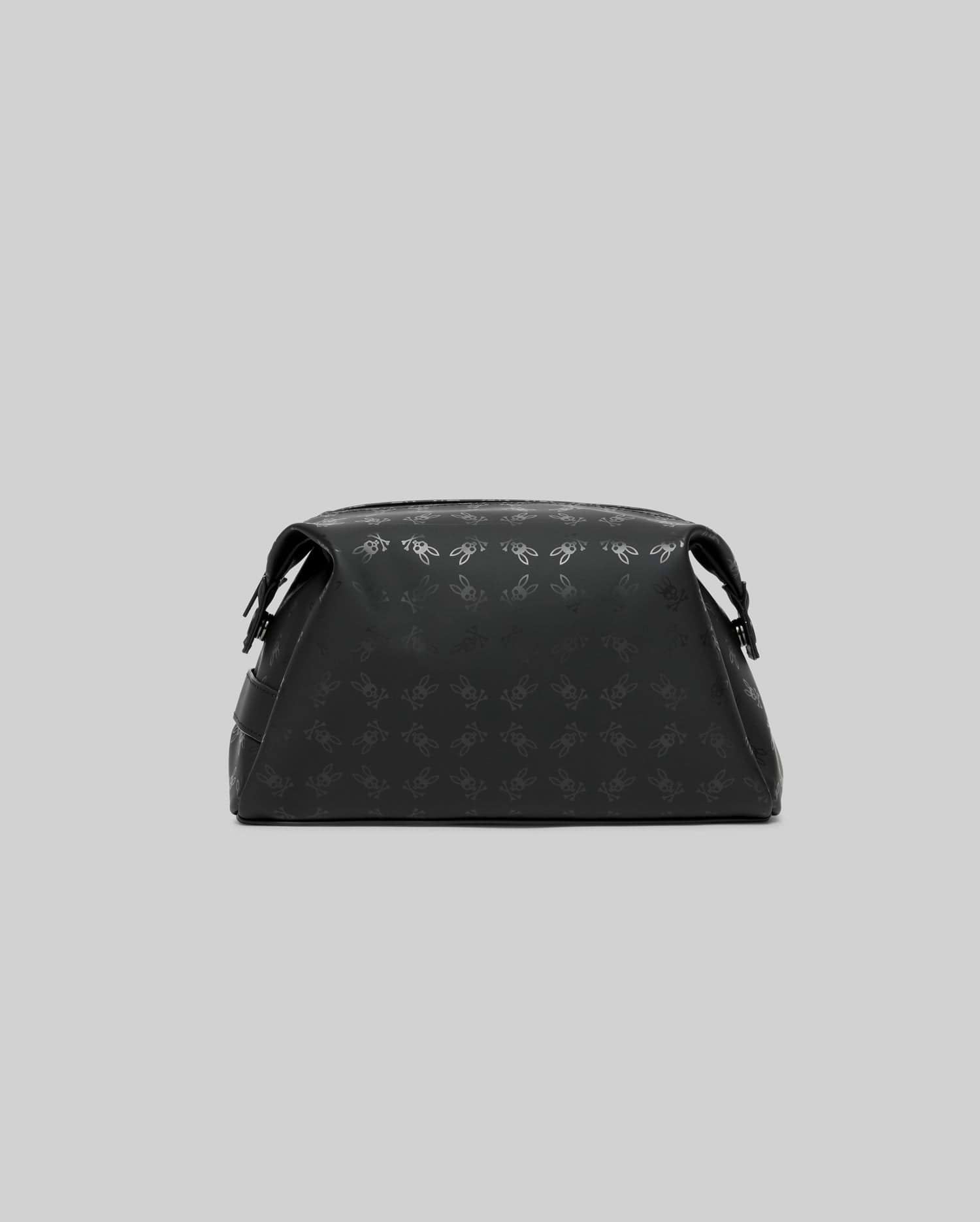 Mens All Over Bunny Toiletry Kit in black, featuring a subtle tonal all-over Psycho Bunny skull logo pattern on a smooth, durable fabric, with a zippered top closure.