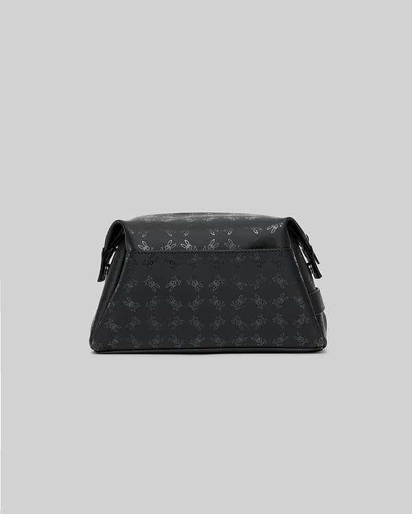 Mens All Over Bunny Toiletry Kit, a sleek black bag featuring a subtle all-over embossed Psycho Bunny skull logo pattern, crafted with a smooth, structured finish.