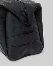 Mens All Over Bunny Toiletry Kit, black with an all-over subtle Psycho Bunny skull logo pattern, smooth texture, top zipper closure with branded pull, and a side strap.
