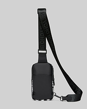 Mens Rubberized Crossbody, black with white all-over Psycho Bunny skull pattern on sides, featuring an adjustable strap with repeating Psycho Bunny text logos.