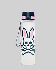 White 33 Oz Water Bottle featuring a large, centered Psycho Bunny skull graphic with navy outline, crossbones, and pink inner ears, topped with a navy blue lid and pink accent band.