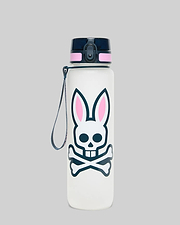 White 33 Oz Water Bottle featuring a large, centered Psycho Bunny skull graphic with navy outline, crossbones, and pink inner ears, topped with a navy blue lid and pink accent band.