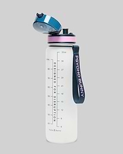 33 Oz Water Bottle, translucent white with a dark blue flip-top lid, pink accent ring, and a dark blue strap featuring pink Psycho Bunny text. It has measurement markings and Designed For Disruption text.