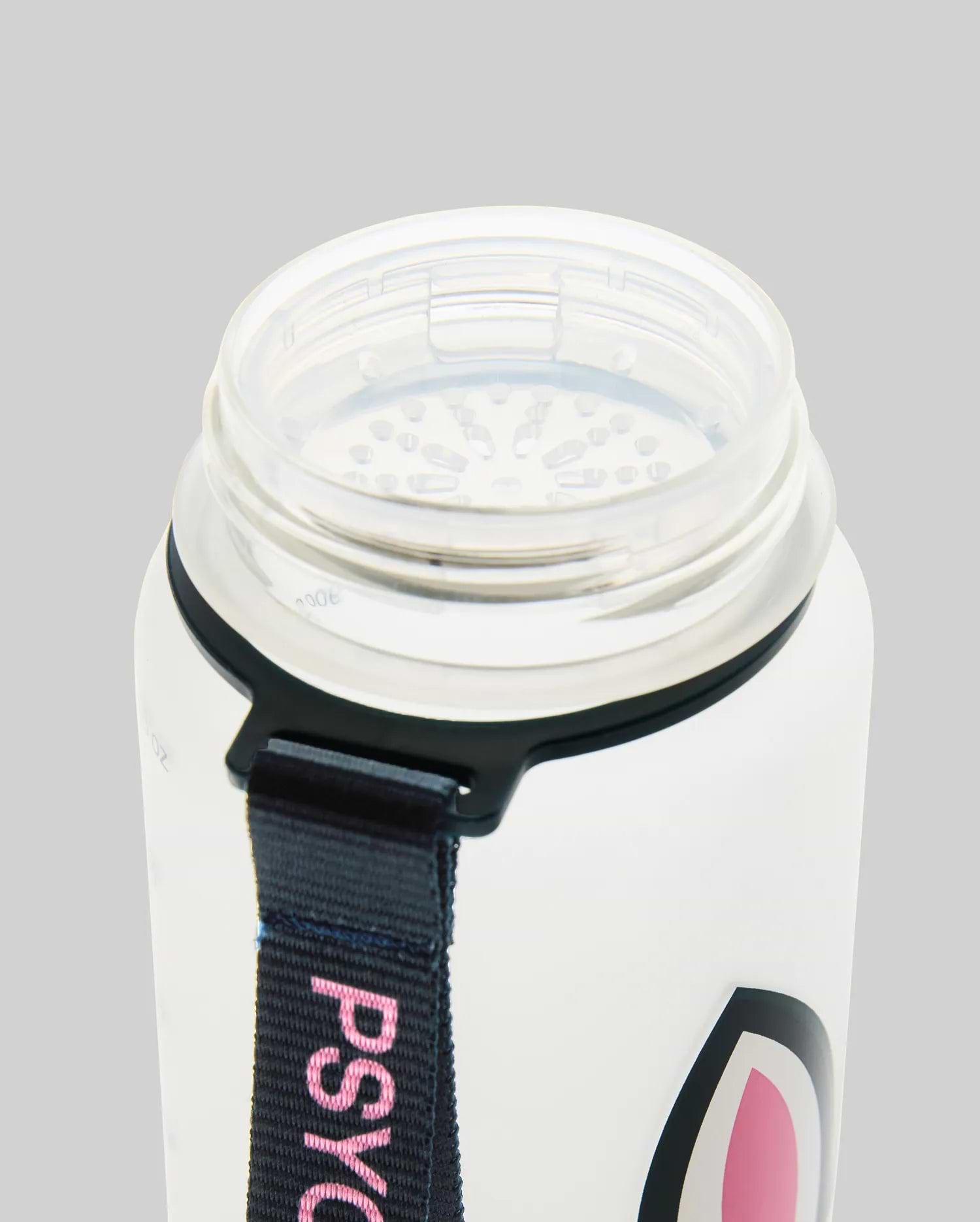 Translucent 33 Oz Water Bottle featuring a black strap with pink PSYCHO text, a clear strainer lid, and a partial black and pink Psycho Bunny skull logo.