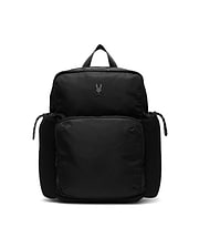 Mens Nylon Backpack in black, featuring a tonal Psycho Bunny skull logo on the upper front, a large front zip pocket, and side mesh pockets with striped drawstrings.
