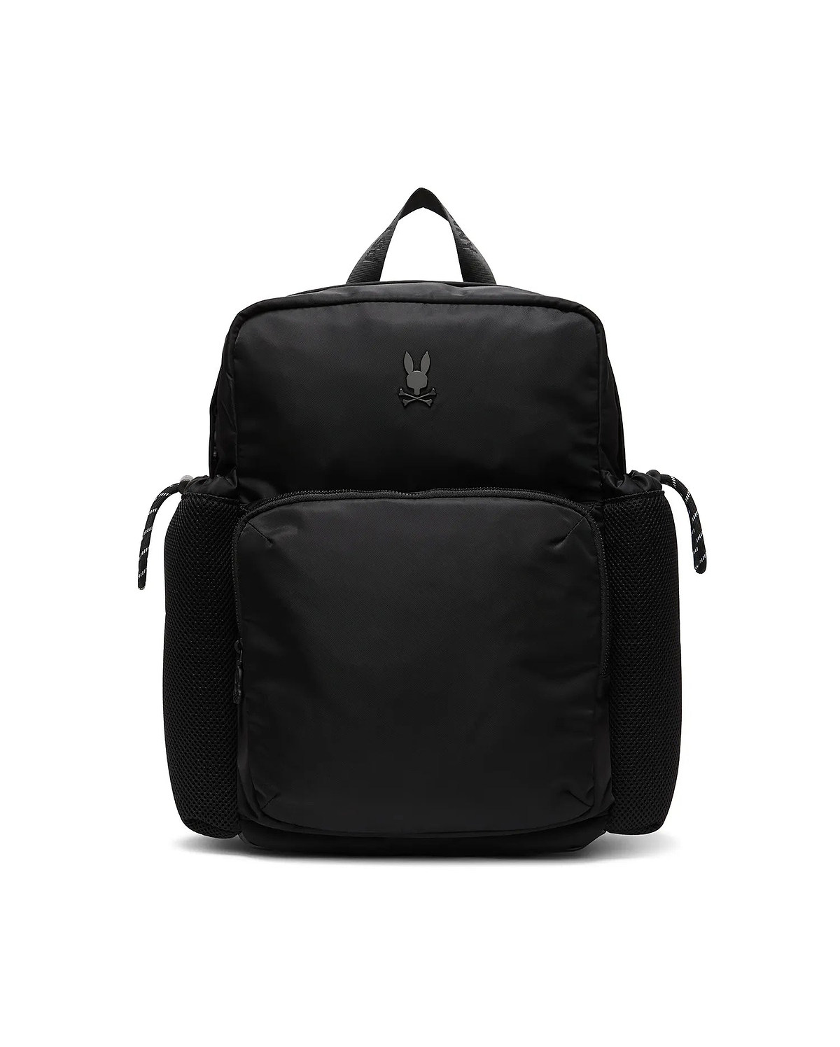 Mens Nylon Backpack in black, featuring a tonal Psycho Bunny skull logo on the upper front, a large front zip pocket, and side mesh pockets with striped drawstrings.