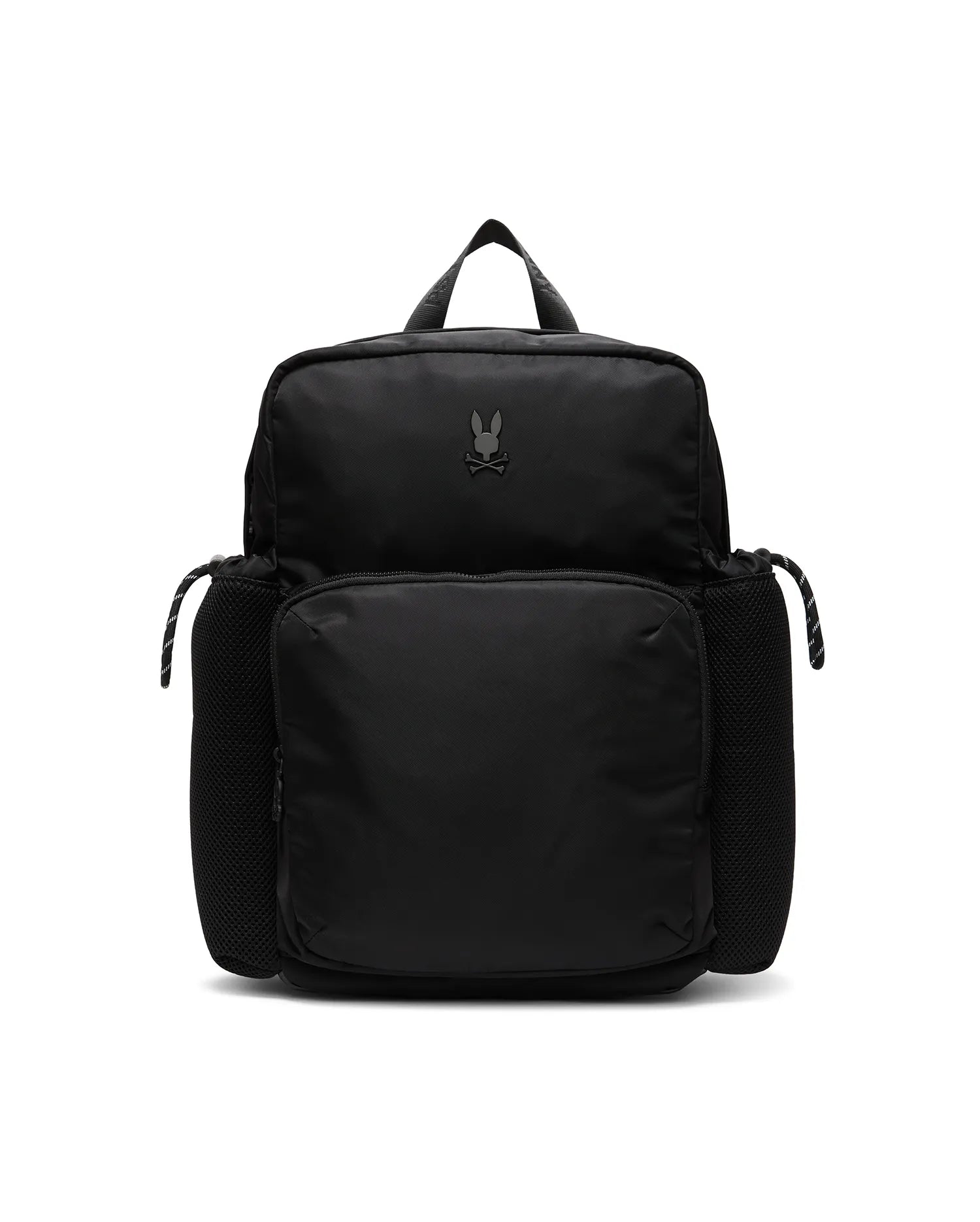 Mens Nylon Backpack in black, featuring a tonal Psycho Bunny skull logo on the upper front, a large front zip pocket, and side mesh pockets with striped drawstrings.