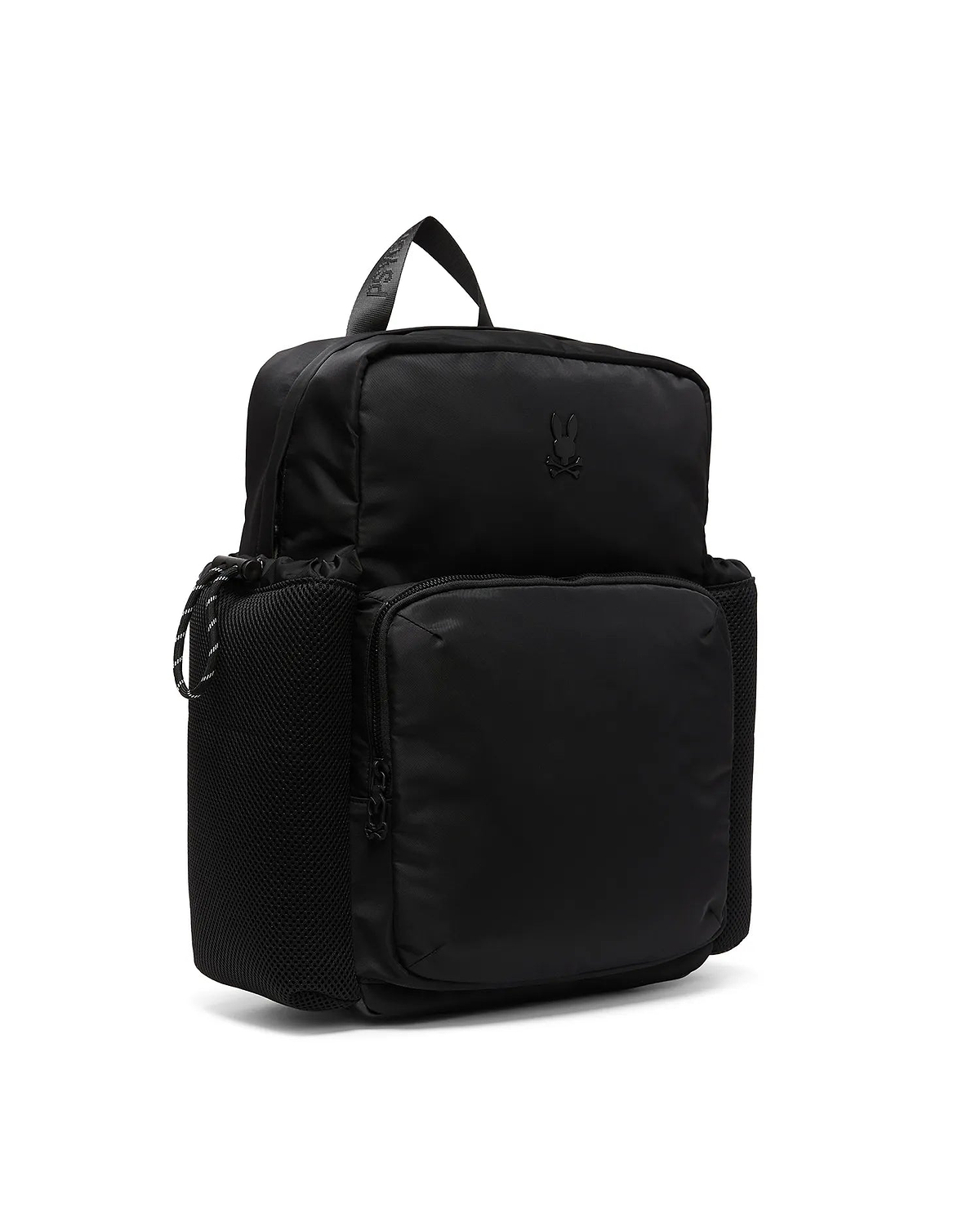 Black Mens Nylon Backpack featuring a subtle embossed Psycho Bunny skull logo on the top flap, a front zippered pocket, and mesh side pockets with white-accented drawstrings.
