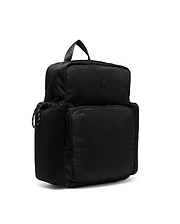 Black Mens Nylon Backpack featuring a subtle embossed Psycho Bunny skull logo on the top flap, a front zippered pocket, and mesh side pockets with white-accented drawstrings.