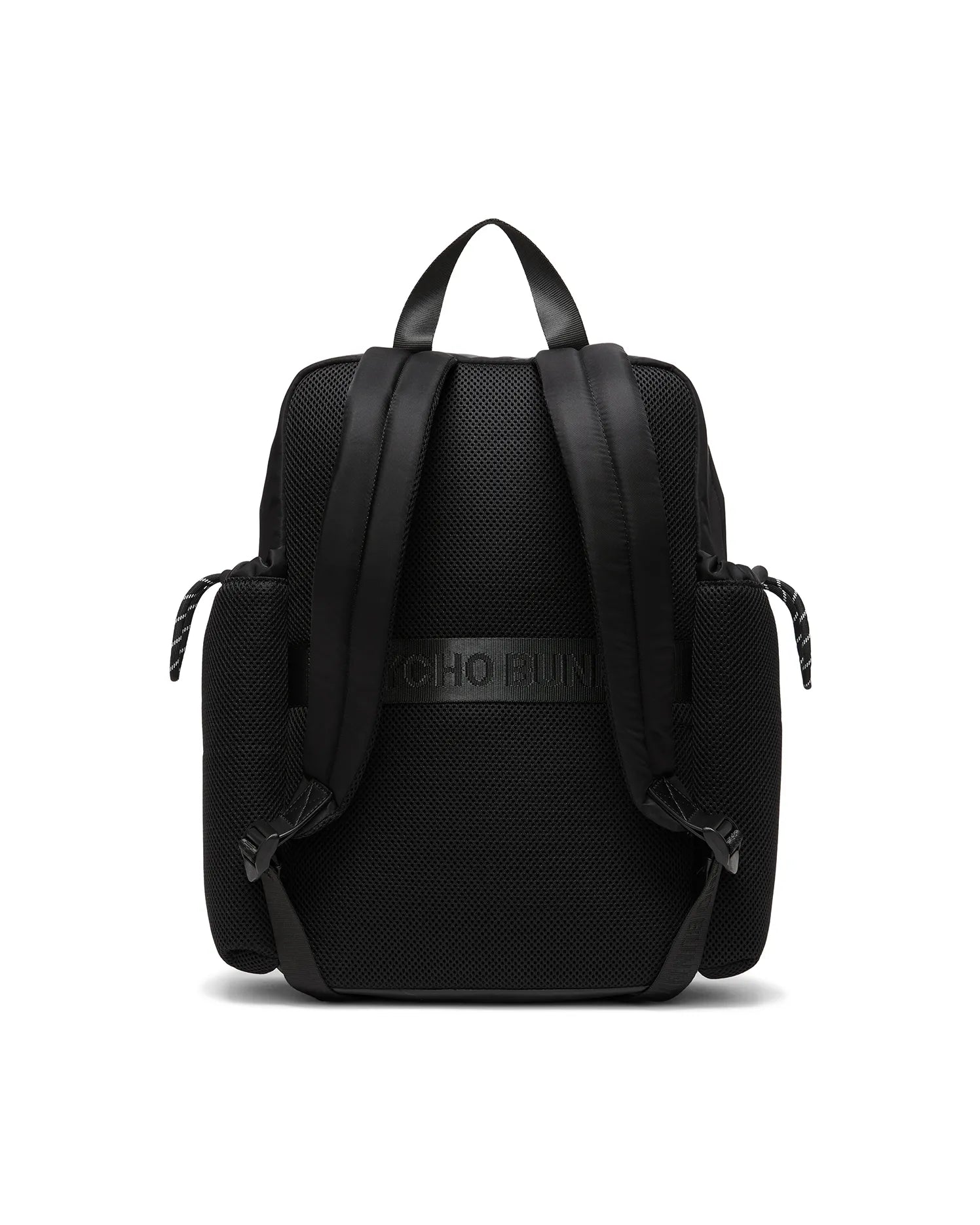Mens Nylon Backpack in black, featuring a breathable mesh back panel, padded adjustable straps, drawstring side pockets with striped accents, and a prominent Psycho Bunny text logo on the back strap.
