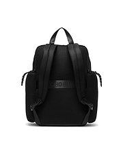 Mens Nylon Backpack in black, featuring a breathable mesh back panel, padded adjustable straps, drawstring side pockets with striped accents, and a prominent Psycho Bunny text logo on the back strap.