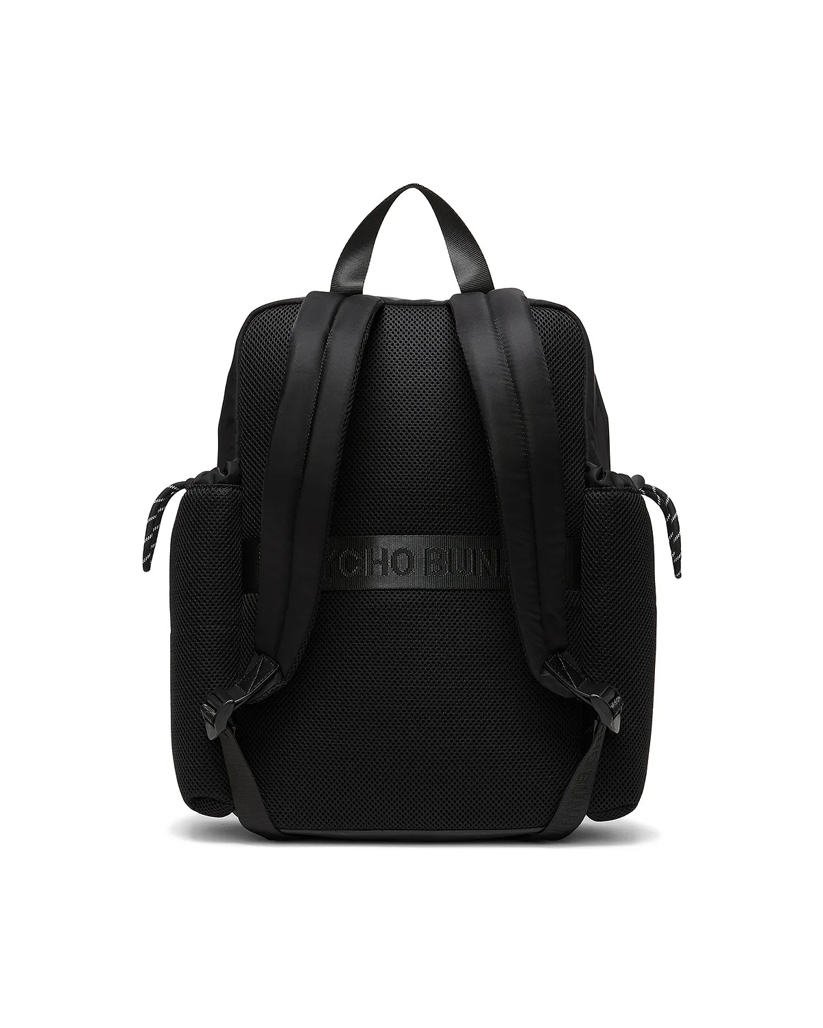 Mens Nylon Backpack in black, featuring a breathable mesh back panel, padded adjustable straps, drawstring side pockets with striped accents, and a prominent Psycho Bunny text logo on the back strap.