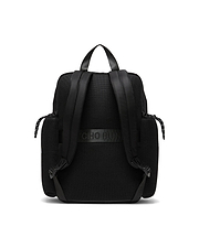 Mens Nylon Backpack in black, featuring a breathable mesh back panel, padded adjustable straps, drawstring side pockets with striped accents, and a prominent Psycho Bunny text logo on the back strap.