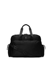 Black Mens Nylon Duffle Bag with a smooth texture, featuring a small embroidered Psycho Bunny skull logo on the front, multiple zippered pockets, and branded Psycho Bunny text on the top handles and adjustable shoulder strap. (5)