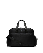 Black Mens Nylon Duffle Bag with a smooth texture, featuring a small embroidered Psycho Bunny skull logo on the front, multiple zippered pockets, and branded Psycho Bunny text on the top handles and adjustable shoulder strap. (5)