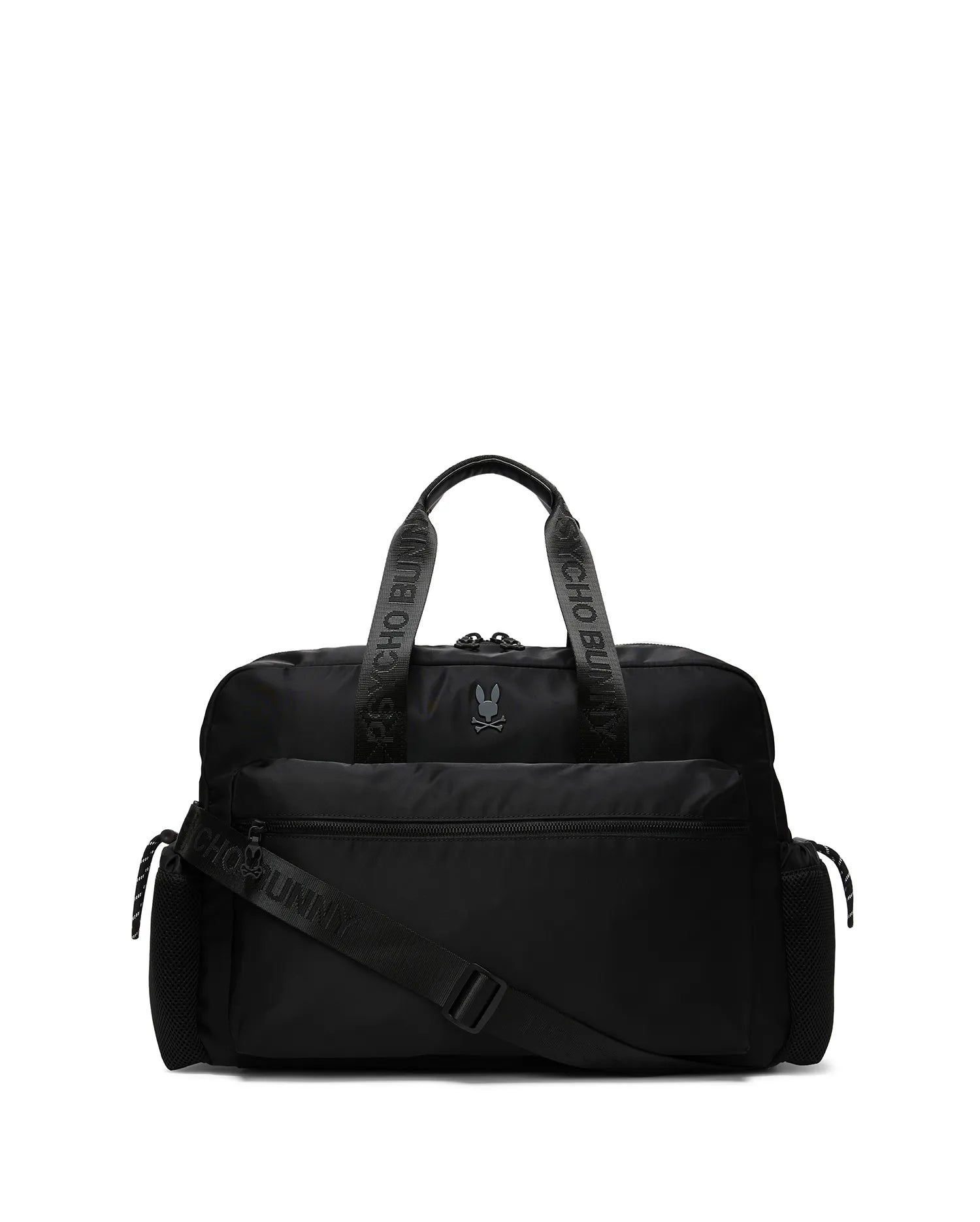 Black Mens Nylon Duffle Bag with a smooth texture, featuring a small embroidered Psycho Bunny skull logo on the front, multiple zippered pockets, and branded Psycho Bunny text on the top handles and adjustable shoulder strap. (5)