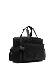 Mens Nylon Duffle Bag in black, featuring smooth nylon fabric, a mesh side pocket, multiple zippered compartments, top handles, and an adjustable strap with repeated Psycho Bunny text. A small black bunny skull logo is on the front. (1)