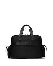 Black Mens Nylon Duffle Bag with textured nylon fabric, featuring prominent Psycho Bunny branding on the top handles and a central horizontal strap, plus mesh side pockets. (4)