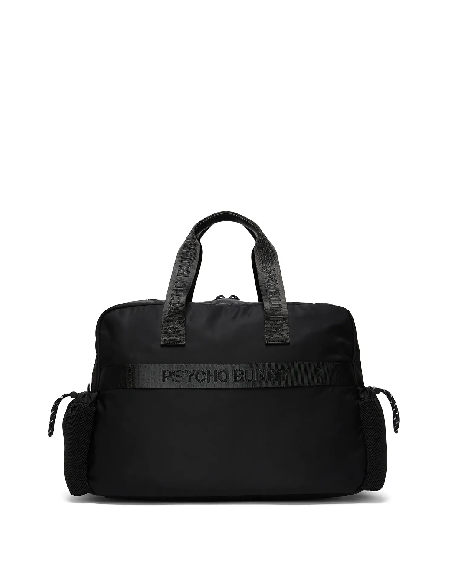 Black Mens Nylon Duffle Bag with textured nylon fabric, featuring prominent Psycho Bunny branding on the top handles and a central horizontal strap, plus mesh side pockets. (4)