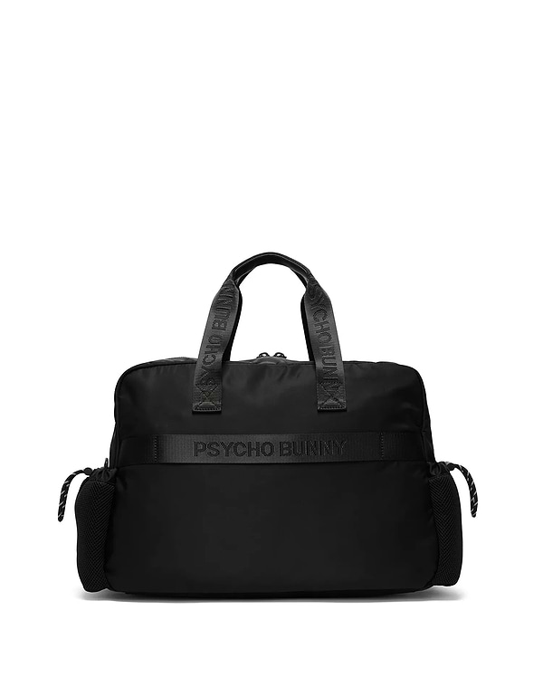 Black Mens Nylon Duffle Bag with textured nylon fabric, featuring prominent Psycho Bunny branding on the top handles and a central horizontal strap, plus mesh side pockets. (4)