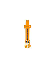 Mens Silicone Strap Luggage Tag in vibrant orange, showcasing bold vertical blue Psycho Bunny text and a prominent white and blue bunny skull logo design.