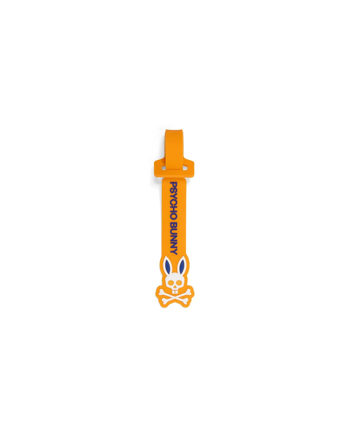 Mens Silicone Strap Luggage Tag in vibrant orange, showcasing bold vertical blue Psycho Bunny text and a prominent white and blue bunny skull logo design.
