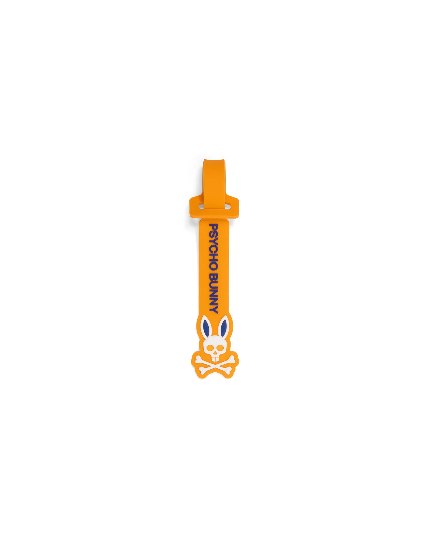 Mens Silicone Strap Luggage Tag in vibrant orange, showcasing bold vertical blue Psycho Bunny text and a prominent white and blue bunny skull logo design.