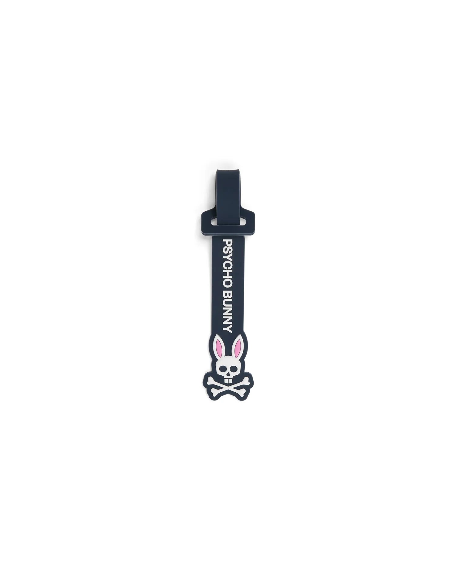 Mens Silicone Strap Luggage Tag, a sleek dark navy blue silicone strap featuring prominent vertical white PSYCHO BUNNY text and a large, detailed white and pink bunny skull logo.