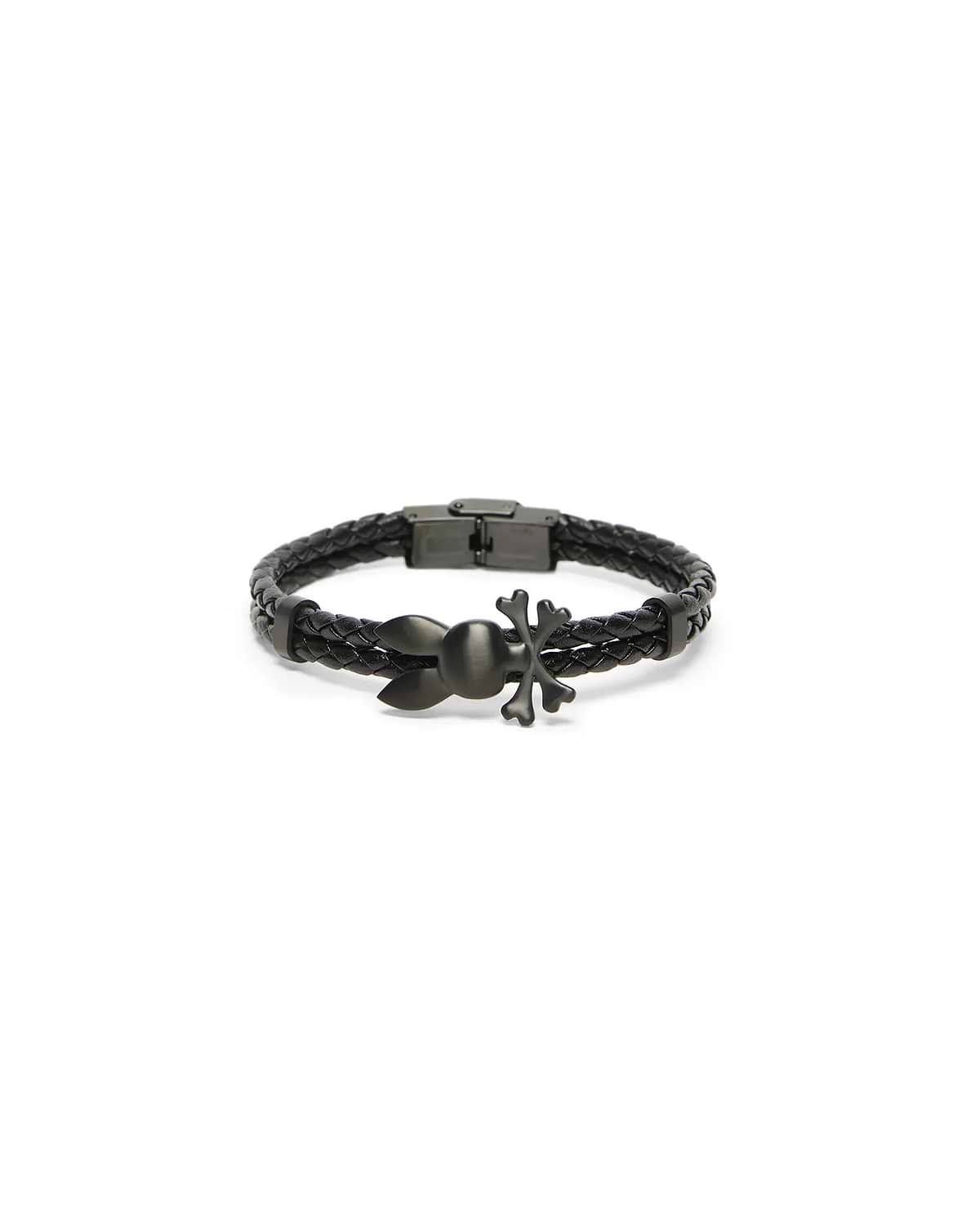 Mens Braided Bunny Pu Bracelet, a black braided polyurethane bracelet featuring a dark gunmetal Psycho Bunny skull charm and a matching metallic clasp. (1)