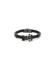 Mens Braided Bunny Pu Bracelet, a black braided polyurethane bracelet featuring a dark gunmetal Psycho Bunny skull charm and a matching metallic clasp. (1)