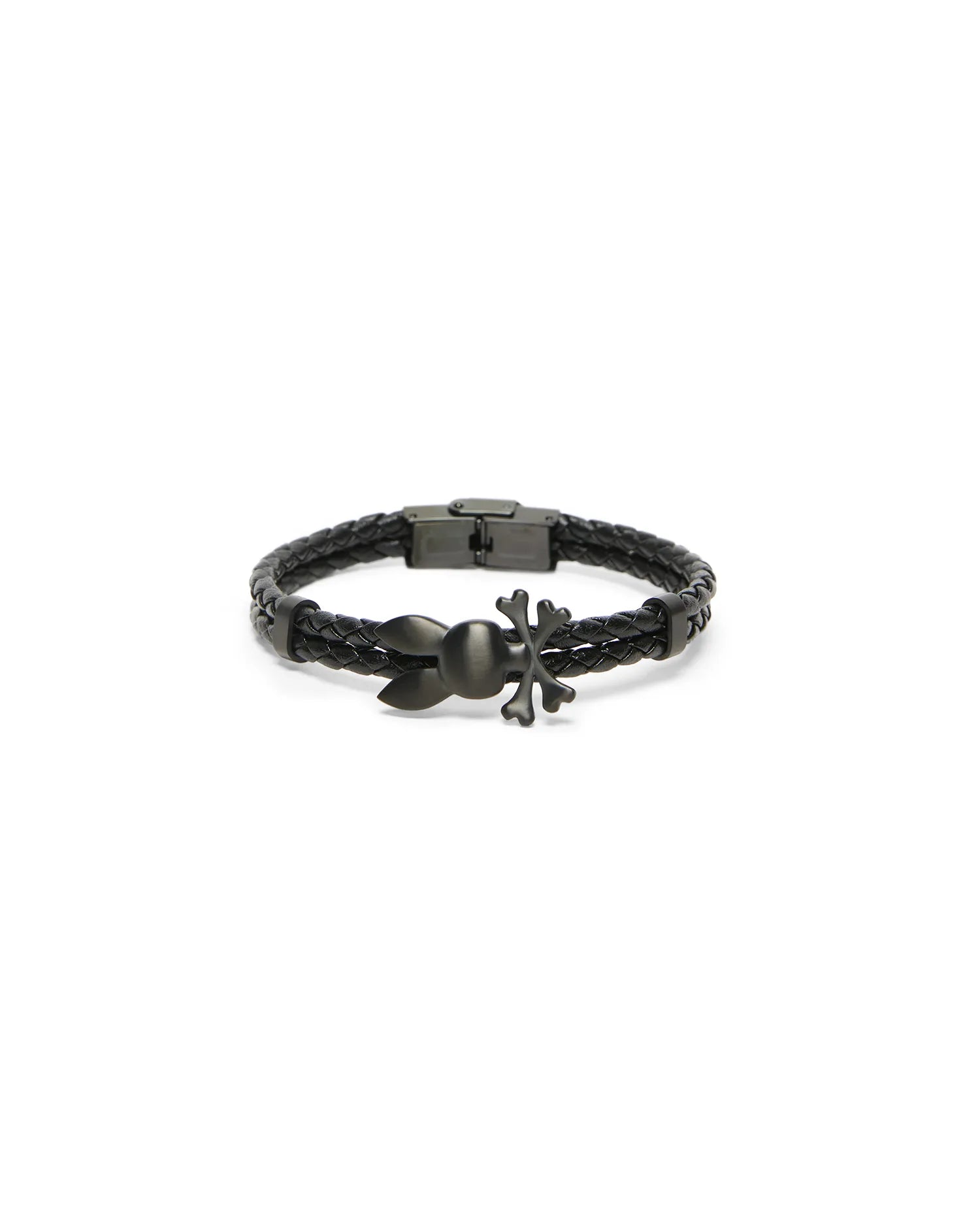 Mens Braided Bunny Pu Bracelet, a black braided polyurethane bracelet featuring a dark gunmetal Psycho Bunny skull charm and a matching metallic clasp. (1)
