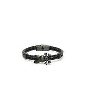 Mens Braided Bunny Pu Bracelet, a black braided polyurethane bracelet featuring a dark gunmetal Psycho Bunny skull charm and a matching metallic clasp. (1)