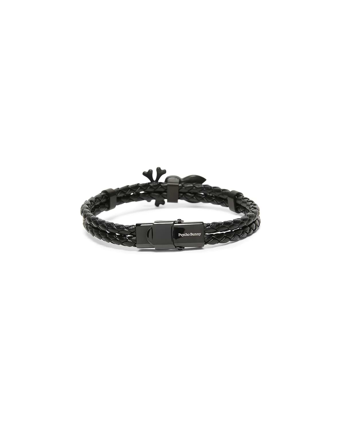 Mens Braided Bunny Pu Bracelet, a black double-strand braided PU leather bracelet with a black metal clasp featuring the white Psycho Bunny text logo and a black bunny skull charm. (2)