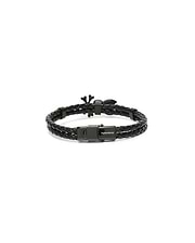 Mens Braided Bunny Pu Bracelet, a black double-strand braided PU leather bracelet with a black metal clasp featuring the white Psycho Bunny text logo and a black bunny skull charm. (2)
